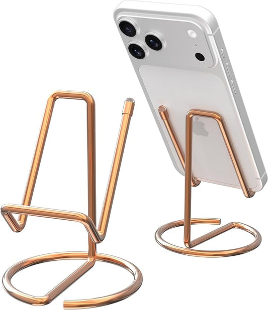 Metal Cell Phone Stand for Desk, Cute One-Piece Phone Holder, Stable Desktop Display Dock for iPhone, iPad, Samsung, Tablets & All Mobile Phones, Rose Gold