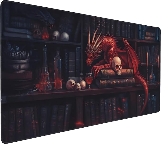 Aesthetic Dragon Gaming Mouse Pad, Ink Blue Red Mystical Desk Mat with Anti-Slip Base & Stitched Edges, Office & Home Desk Decor for Women, 35.4" x 15.7" in Computer Desktop Mat