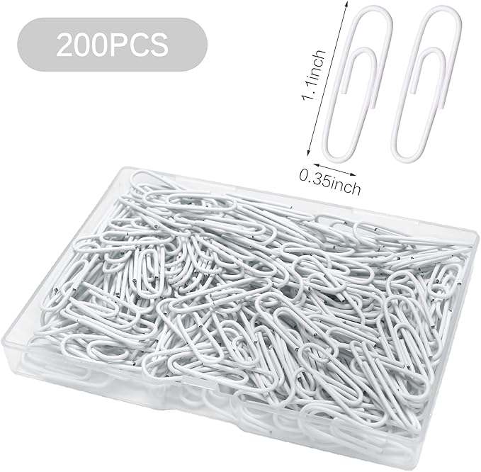 Elisel Paper Clips, 200pcs Medium Size (1.3 inch) Colored Paper Clip,Durable and Rustproof Coated Paper Clips, Great for Office, School and Personal Use (White)