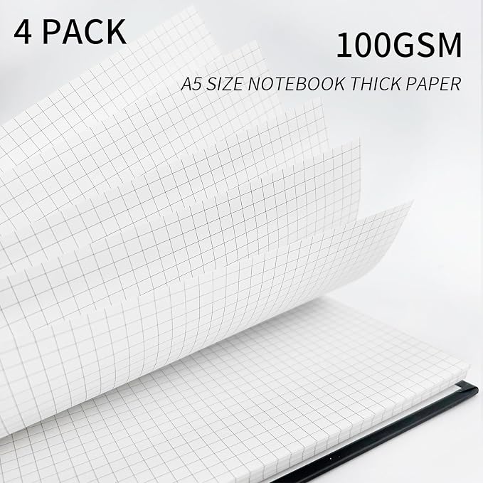 A5 Graph Paper Spiral Notebooks 4 Pack | Grid Notebook Hardcover Notebook Thick Graphing Paper Notebook Hardcover Journal for School, Office, Artist Writing/Drawing