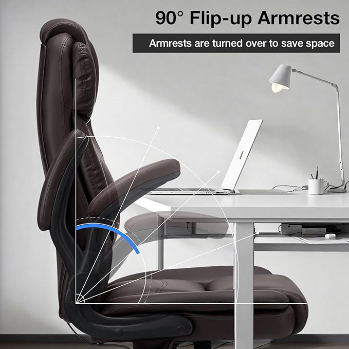 450lbs Executive Office Chair with Inflatable Lumbar Support, Heavy Duty Office Chair for Heavy People, Big and Tall Ergonomic Comfy Chair with Flip-Up Armrests, Breathable PU Leather (Brown)