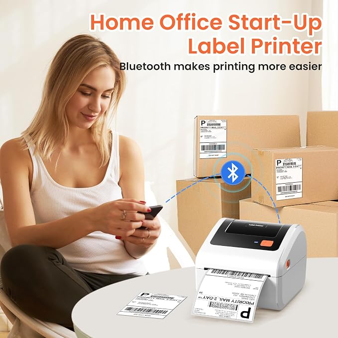 Bluetooth Thermal Shipping Label Printer with Built-in Label Holder | D450BT Bluetooth Thermal Label Printer 4x6 for Small Business, Compatible with iPhone, Android, Windows, macOS, Tiktok, USPS