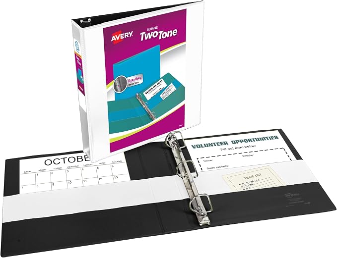 Avery Two-Tone Durable View 3 Ring Binder, 1.5 Inch Slant Rings, White/Black Binder (17287) (Pack of 6)