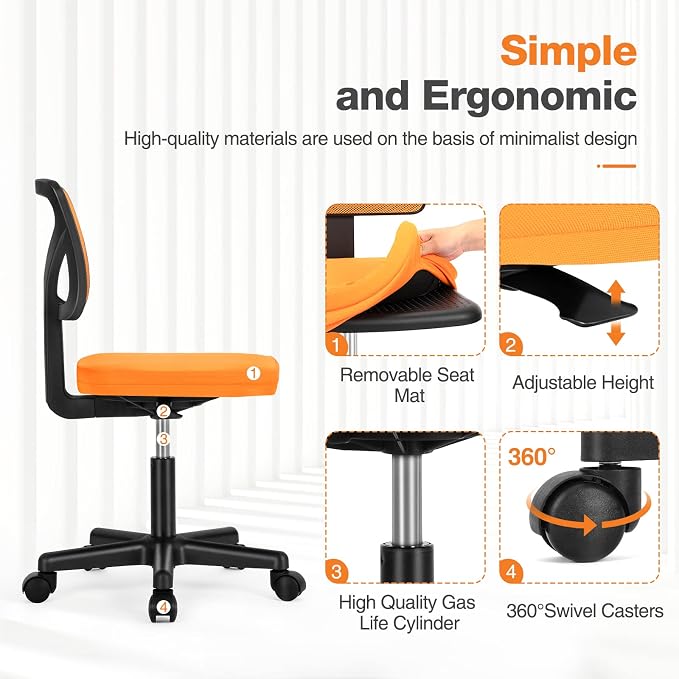 Sweetcrispy Small Armless Desk Chair, Mesh Rolling Office Chairs | Adjustable Ergonomic Lumbar Support, Low-Back, Swivel Wheels, Home Work, Bedroom, Study, Student, Adults, Orange