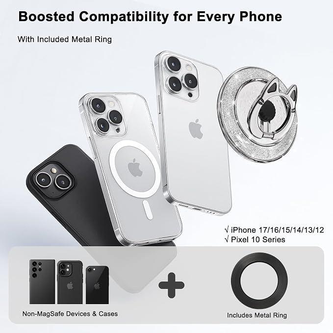 Magnetic Phone Ring Holder for MagSafe, [Flexible 360° Rotation] Magnet Finger Ring Grip Stand Holder, Fit for iPhone 16 15 14 13 12, Pro, Pro Max, Plus, Mag Safe Accessories, Black-Sliver