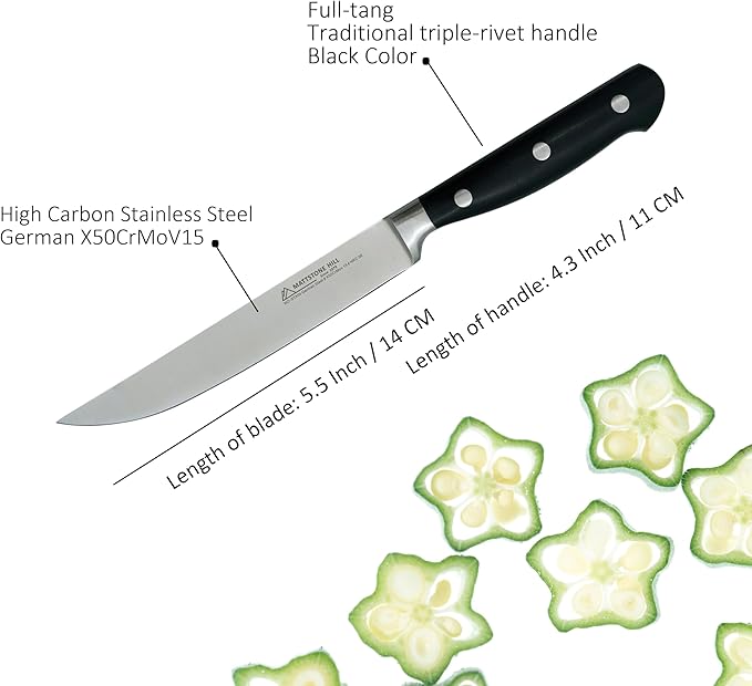 Kitchen Utility Knife - MATTSTONE HILL 5.5 Inch Utility Knife, Prep Knife, German Steel, Triple Rivet Handle, Black