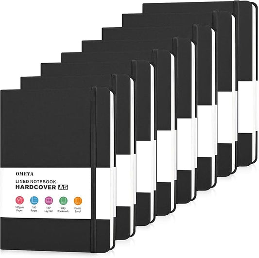OMEYA 8 Pack Lined Journal Notebooks for Work, 100gsm Thick Paper, 5.7"x 8.3", College Ruled Black A5 Notebook Bulk, Leather Journal for Writing, Hardcover Notebooks for School, Office, Journal for Men