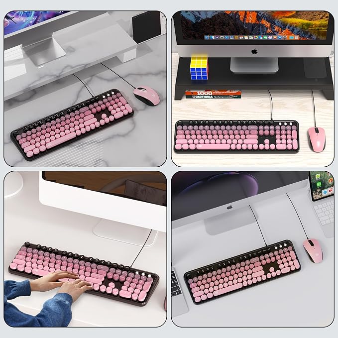 FOPETT 8870P Wired Keyboard and Mouse Combo - Full-Sized Computer Keyboards with 104 Round Keys Retro Typewriter Mouse and Keyboard for PC Windows Desktop Laptop - Pink Colorful