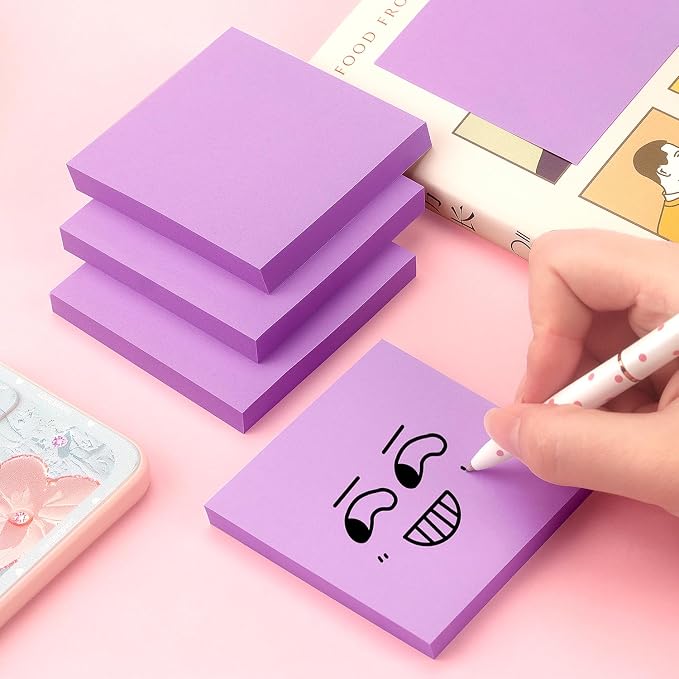 Sticky Notes 3x3 Pop Up with Bright Colors (Purple), 4 Pads 90 Sheets/Pad | Bright Purple Pop Up Self-Stick Notes Pads, 360 Sheets Total, Perfect for Daily Reminders, Study Notes, and Office Memos