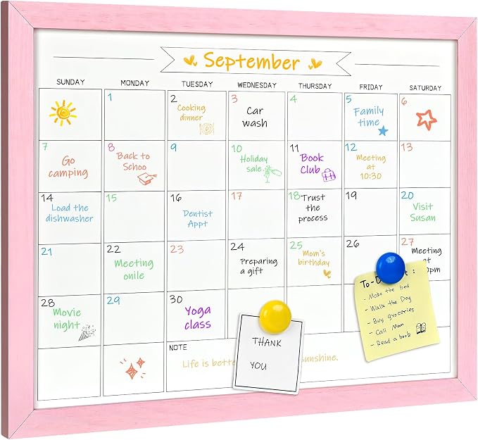 TORASO Dry Erase Monthly Calendar Board, Magnetic Whiteboard for Wall, Office/School/Home, Solid Wood Pink Frame Hanging Board 13"x 17"(YL-Pink-3343-B)
