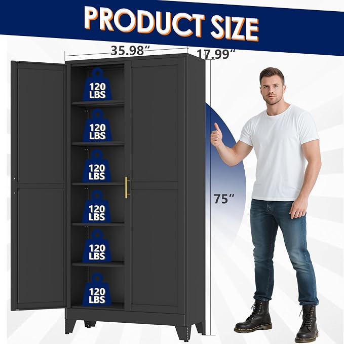 erosoei 75" H Large Metal Garage Storage Cabinet, Black Metal Pantry Cabinet with 2 Doors, Locker Steel Cabinet with 5 Adjustable Shelves, Freestanding Cupboard for Garage,Office,Home,Gym,School