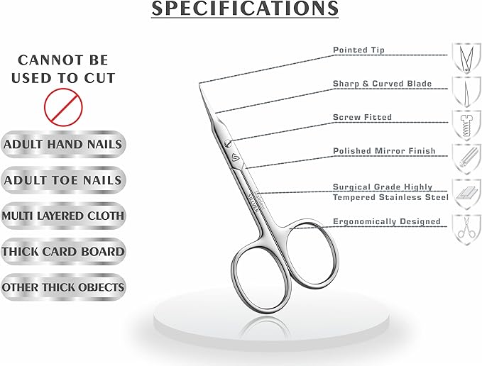 SILLVER Cuticle Scissors Curved Blade - Extra Fine Pointed Tip Professional Manicure Grooming Scissors for Cuticles, Beard, Nose Hair, Eyelash, Mustache - Eyebrow Scissors