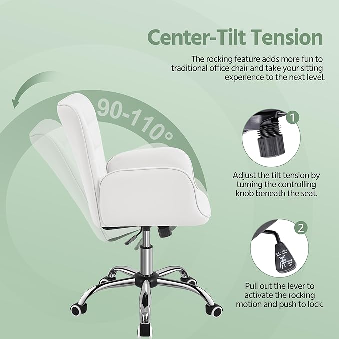 Yaheetech Modern Faux Leather Office Chair Ergonomic Adjustable Makeup Chair with Padded Armrests Big Seat for Office, Bedroom, Living Room, White