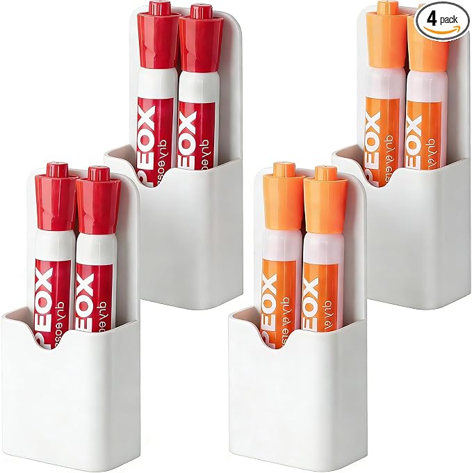 BEYGORM Magnetic Pen Holder for Refrigerator, Pencil Cup Organizer (White) | Upgraded 1.5mm thick magnetic backing for whiteboards, lockers & fridge; 4 Pcs dry erase marker holder for classroom & office