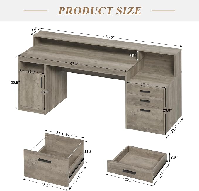 65" Computer Desk with 3 Drawers & Printer Shelf for Home Office | Office Desk with Printer Shelf & File Drawer, Executive Desk Writing Study Table with Monitor Stand, Grey