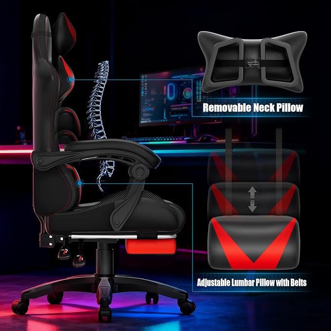 Gaming Chair, RGB LED Lights Computer Chair with Footrest, Lumbar Support Massager Gamer Chair, High Back, 90-135° Reclining, Linkage Armrests, Red