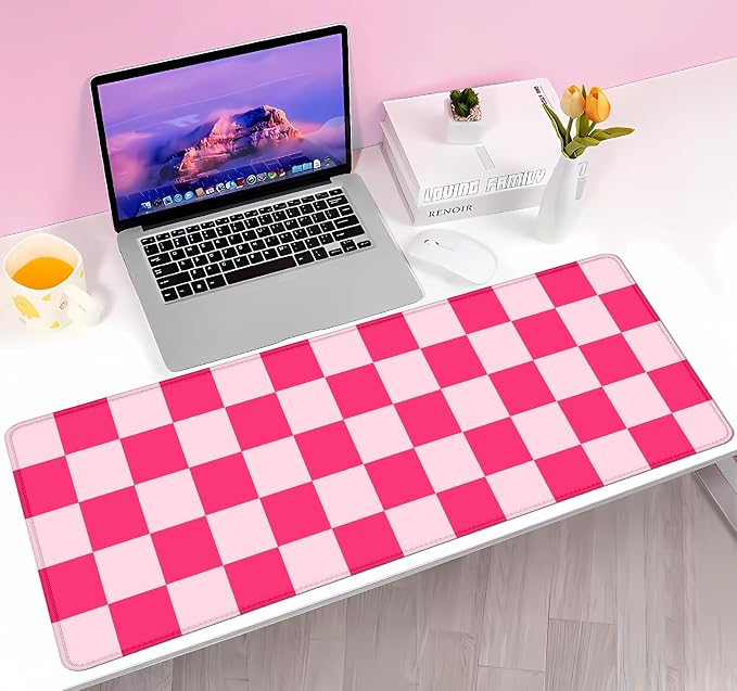 Hot Pink Cool Large Gaming Mouse Pad XL, Aesthetic Checkered Desk Pads, Computer Extended Mouse Pad Girly Women Design Kids Girls Teen Pretty Modern Decorative Art Office Mousepad for Laptop
