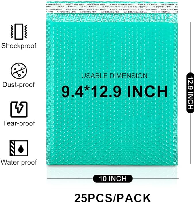 Koja 10 X 13” Padded Bubble Mailers 25-Pack. Quality Mailing and Shipping Envelopes and Bags with 10 X 12" Usable Size. Extra-thick Padding. Fast and Easy Self-seal Envelope. (Green)