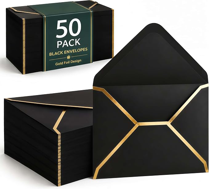 (50 Pack 5x7 Inch) Black Envelopes for Invitations with Gold Border, Self Adhesive A7 Envelopes with V-Flap, Great for Graduation, Invitation, Baby Shower, Wedding and RSVP Cards
