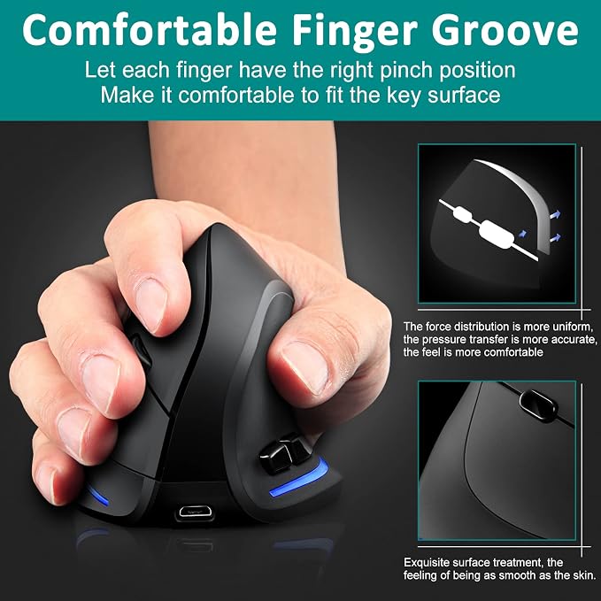 TRELC Wireless Mouse Tri-Mode (BT 5.0/3.0+2.4GHz), Ergonomic Vertical Mouses with 3 Adjustable DPI, Rechargeable Optical Wireless Mice for 3 Devices, 7 Buttons for PC, Desktop, Laptop, Tablet (Black)