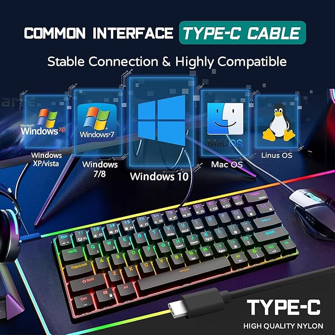 RK ROYAL KLUDGE RK61 Wired 60% Mechanical Gaming Keyboard Programmable QMK/VIA RGB Backlit 61 Keys Ultra-Compact Hot Swappable Red Switch Black