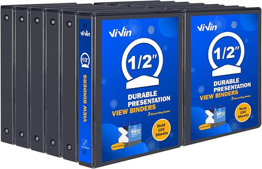 ViVin Sturdy 3 Ring Binder 1/2 Inch with 2 Interior Pockets, 12 Pack, Black | 0.5"-Round Ring Binder with Clear View Cover, PVC-Free, Fits 100 Sheets of 8.5'' x 11'' Paper, Office Home School Use