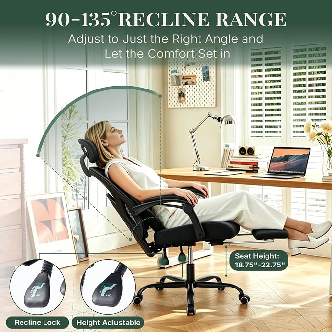 Ergonomic Office Chair with Footrest, Computer Gaming Chair | Adjustable Headrest, Lumbar Support, Swivel Reclining, Padded Armrest, Mesh High Back, Home Desk Work Study, Black
