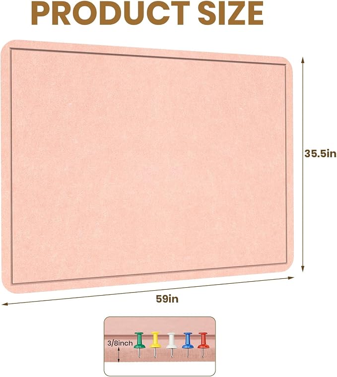 Large Bulletin Board 60" x 36" Felt Cork Board - Decor Pin Board, Pink | Cork Board Alternative for Wall, Foldable Self-Adhesive Vision Board Prayer Board with Pushpins for Home Office Classroom