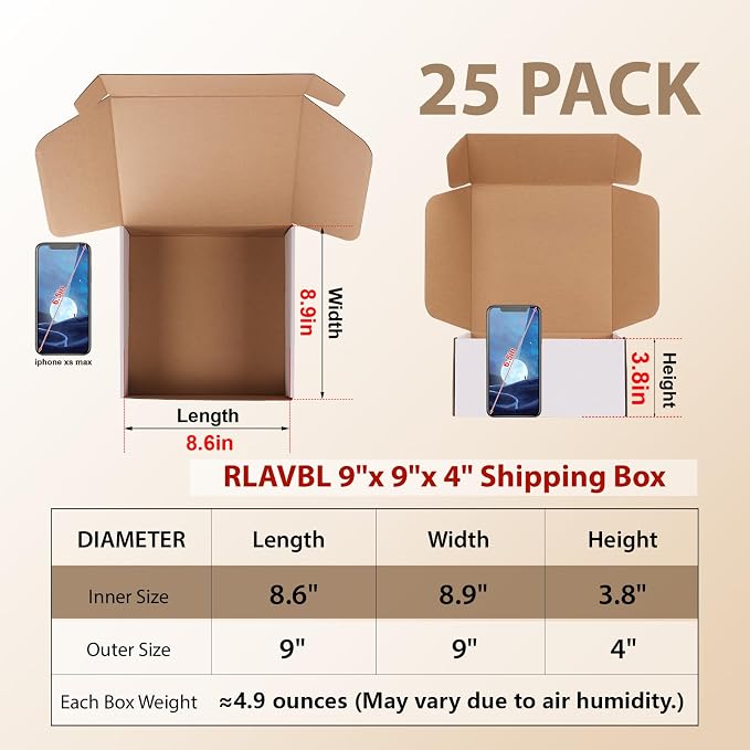 RLAVBL 9x9x4 Inches Shipping Boxes Set of 25, White Small Corrugated Cardboard Box, Mailer Boxes for Packing Small Business