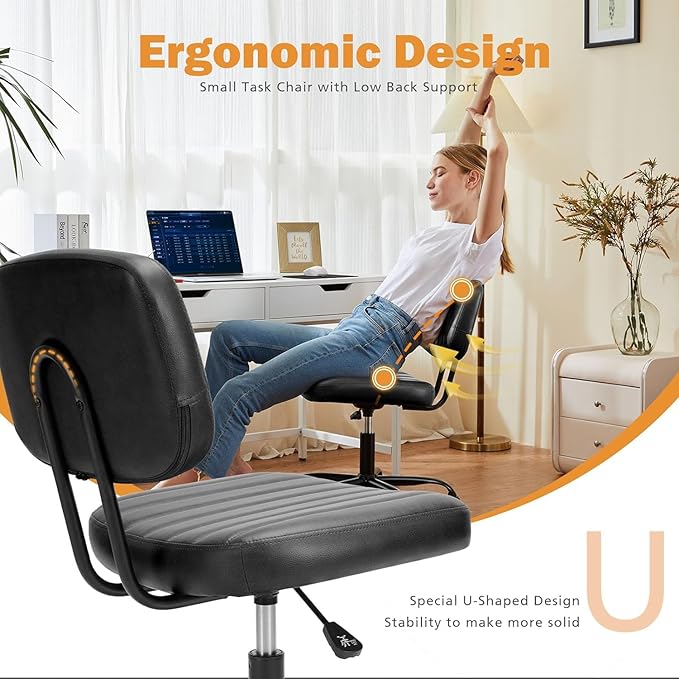 Sweetcrispy Small Office Desk Chair - Armless PU Leather with Comfy Lumbar Support, Height Adjustable Rolling Swivel Task for No Arms, for Adult, Student, Bedroom, Home, Vanity, Black
