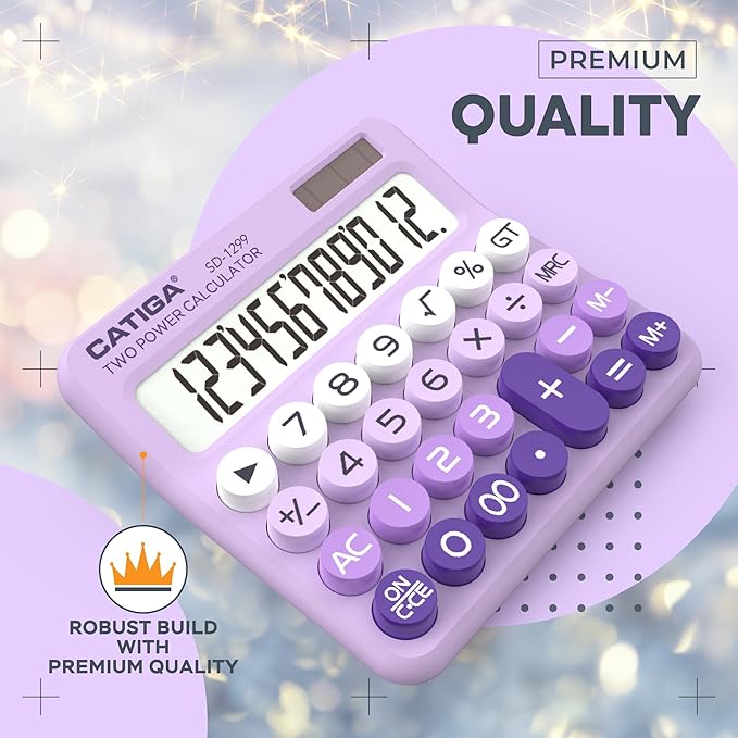 CATIGA Mechanical Switch Calculator with Solar and Battery Dual Power, 12-Digit Large LCD Display, Aesthetic and Cute Desktop Calculator with Big Button, for Home, School and Office Use, SD-1299