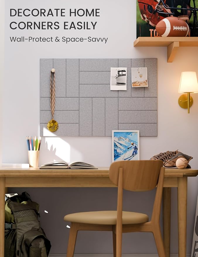 28" x 18" Cork Board Alternative, Wide Stripe, Soft Gray | 6-Pack Felt Pin Board Tiles, 30 Adhesive Tabs, Custom Wall Layout, Photo Display, Memo Board, Office, Classroom, Dorm