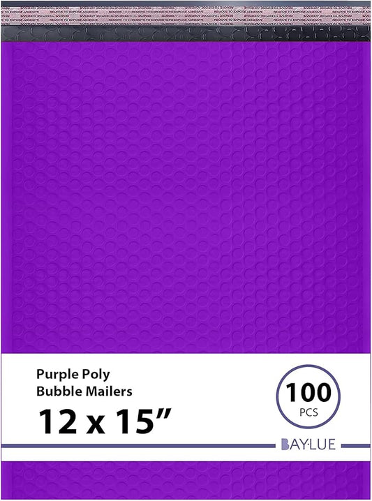 Purple Large Poly Bubble Mailers 12x15 inch | Self Seal Padded Envelopes Cushioned Bubble Mailer | Usable Size 12x15 | WaterProof | Lightweight mailing Shipping Bags | 100 Pack Bulk