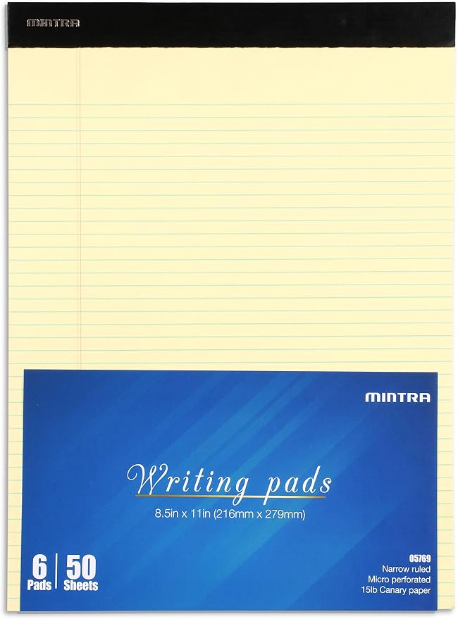 Mintra Office Canary Legal Pads - With Micro-perforated sheets, Smooth-lined paper, Ideal for Office Tasks, Assignments or Notes, Meetings, and Journaling, 6 pack Narrow Ruled, Basic Pad, 8.5"x11"