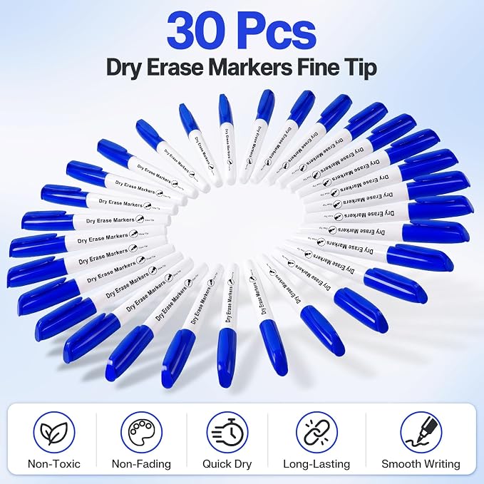 V-Opitos 30 Pack Fine Tip Dry Erase Markers - Bulk Whiteboard Erasable Blue Markers, Ideal for School Classroom Office Supplies, Non-Toxic & Easy Clean for White board