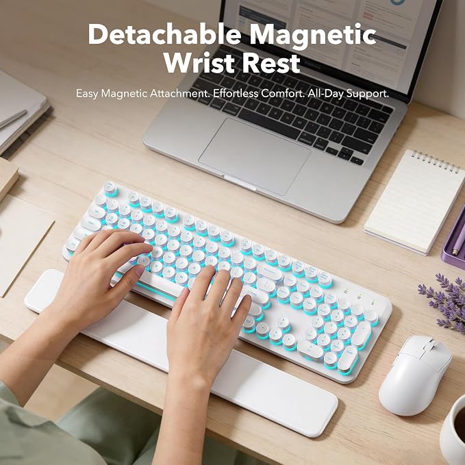 Wireless Keyboard and Mouse Combo, Backlit Round Keycaps, Retro Typewriter Keyboard with Detachable Wrist Rest, Rechargeable & Tilt Legs, 2.4GHz Cordless Connection for Windows/PC (Glowing White)