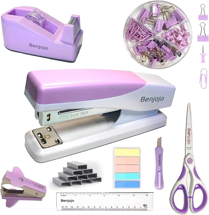 Purple Desk Accessories Set for Women, Stapler and Tape Dispenser Set with Scissor, Staple Remover, Clips & Tabs, Cute Office Supplies Kit for Desk Organization, School, Home & Office, Gift Idea