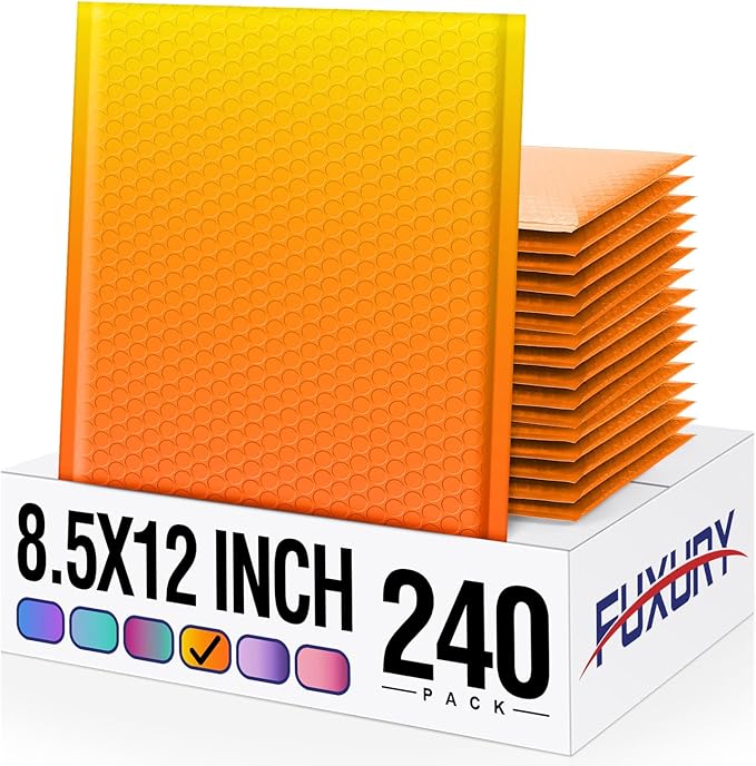 Fuxury Bubble Mailers 8.5x12" 240 Pack Padded Envelopes Usable Size 8.5x11" Thick Mailing Envelopes Bubble Opaque Padded Mailers Shipping Bags for Mailing Jewelry Makeup Small Business #2 YellowOrange