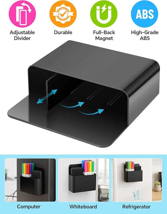 NiArt 12 Colors Dry Erase Marker, Fine Tip Whiteboard Set w/Eraser & Holder | Black Magnetic Organizer Sticks Securely to Whiteboards Paired with Smooth Low-Odor Non-Toxic Ink Pens