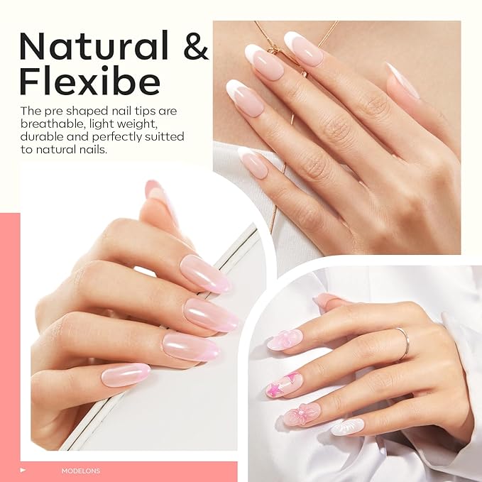 modelones X Nail Gel Kit Kit Medium Oval, 9-in-One Nail Glue with Portable U V Lamp 216Pcs 12Sizes Pre-Etched Round Press ons Fake Acrylic Extension Kit DIY Salon Gift for Women
