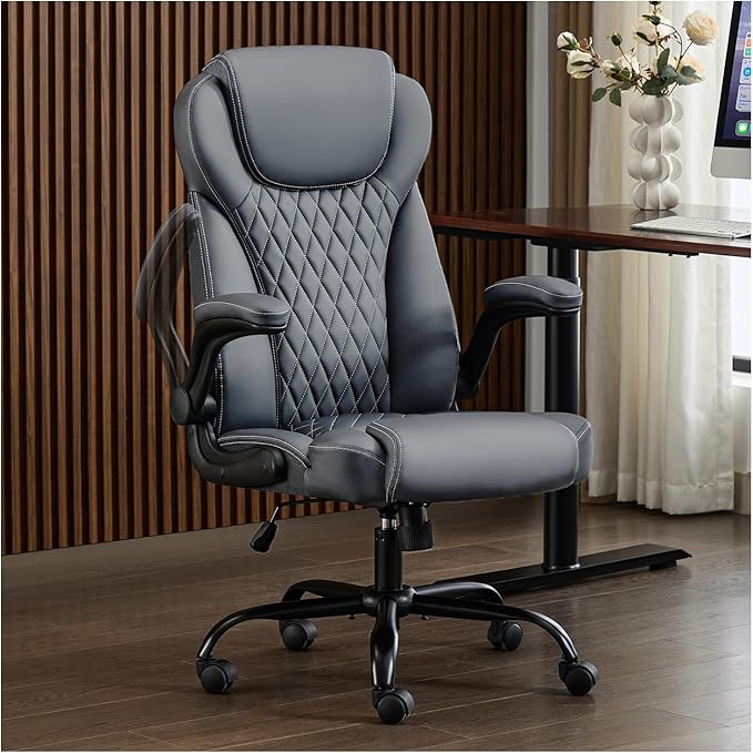 Office Chair, Executive PU Leather Chair Home Office Desk Chairs, Ergonomic Computer Desk Chair with Adjustable Flip-Up Arms, Lumbar Support Swivel Task Chair with Rocking Function (Gray)