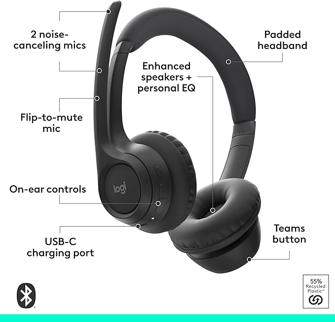 Logitech Zone 305 for Business, Wireless Bluetooth Headset with Microphone, Native Bluetooth, for Microsoft Teams, Compatible with Windows, Mac, Chrome, Linux, iOS, iPadOS, Android