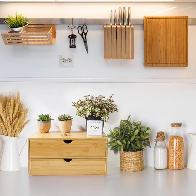 Bamboo Desk Organizer With Drawers Countertop Drawers Counter Storage Box Corner Desk Organizer for Home Office No Assembly Required (2 Drawers)