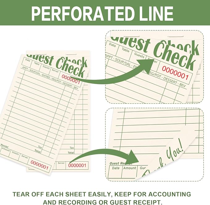 ZPARIK Guest Checks Books for Servers, Natural Color Paper, 24 Pack Green | 24 Pack Guest Checks with 50 Sheets Per Book, Waiter Checkbook, Waitress Notepad for Restaurants, Perfect for Servers