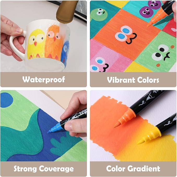 100 Colors Acrylic Paint Markers Waterproof Dual Tip Acrylic Paint Pens with Brush & Fine Tip Professional Marker Set Scrapbook Markers for Paper Rock Wood Fabric Glass Ceramic and DIY Crafts