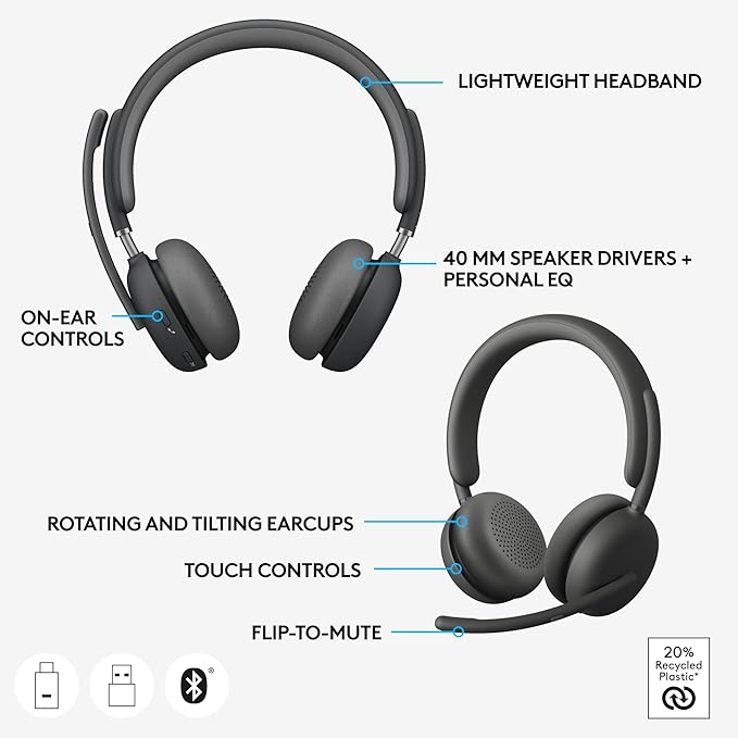 Logitech Zone 950 Premium Noise Canceling Headset with Hybrid ANC, Bluetooth, USB-C, USB-A, Certified for Zoom, Google Meet, Google Voice, and Fast Pair - Graphite