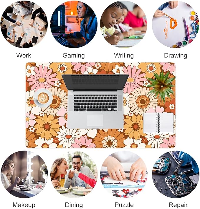 Colorful Star Large Mouse Pad, PU Leather Waterproof Desk Mat, Computer Gaming Mouse Pad, XXL Full Desk Mousepad Non Slip Desk Pad for School Office Home 23.6" x 13.8" - Retro Flowers