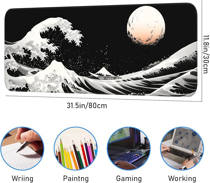 Gaming Mouse Pad, Japanese Mouse Pad, Non-Slip Rubber Base, for Laptop, Office and Home, 31.5x11.8 Inch Desktop Waterproof Desk Pad, Ocean Wave Anime Black Gaming