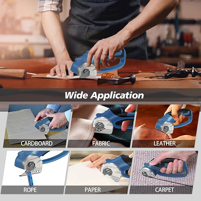 Cordless Electric Scissors, 4V Rechargeable Box Cutter & Cardboard Cutter with LED Light, Safety Lock - Rotary Cutter for Fabric, Leather, Plastic, Crafting, Sewing with Storage Box(Slate Blue)