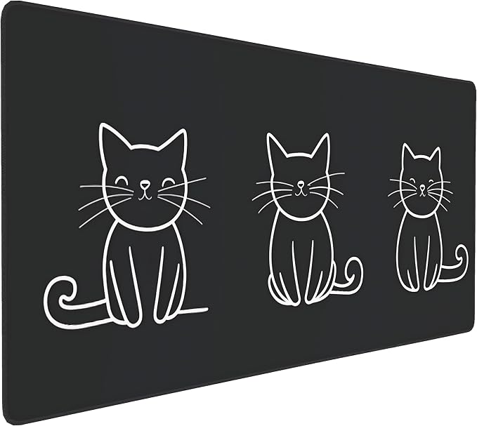 Cute Anime Black Cat Gaming Mouse Pad, Black White Minimalist Desk Mat with Anti-Slip Base & Stitched Edges, Office Supplies & Desk Decor for Women, 35.4" x 15.7" in Home Office Essentials